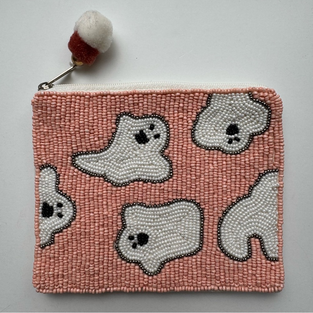 Francesca's Nina Ghost Beaded Coin Pouch Peach White Halloween Zip